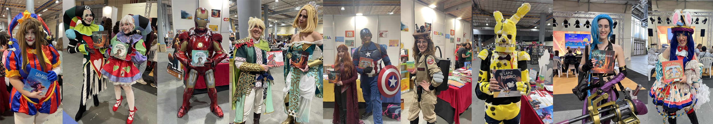 Un grupo de personas en diferentes disfraces sujetan libros de Coloria